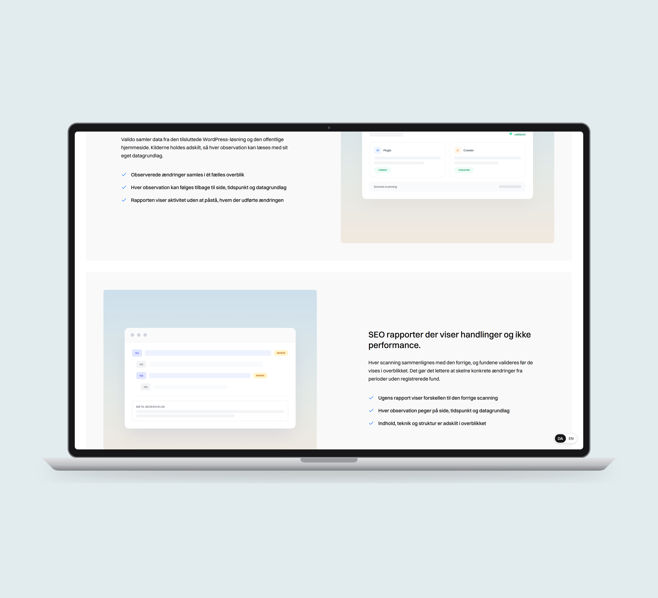 Valido: platformens funktioner vist lige forfra på laptop på en ensfarvet studiobaggrund.