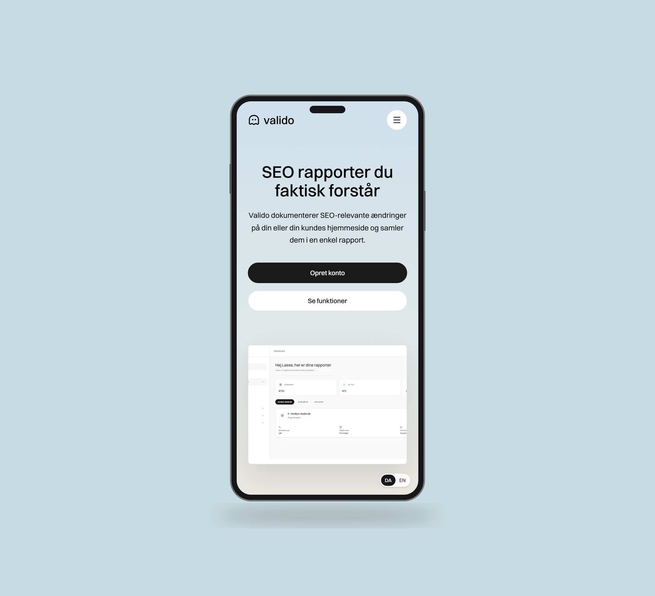 Valido: forside vist lige forfra på mobil på en ensfarvet studiobaggrund.