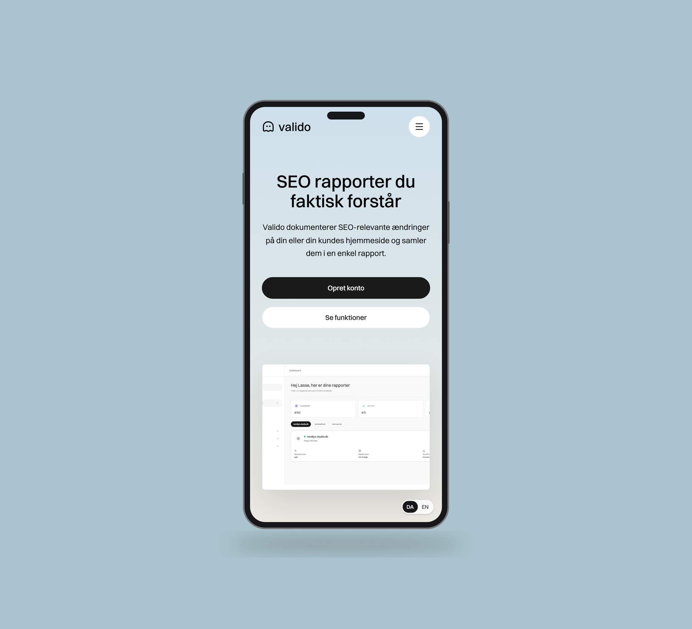Valido: forside vist lige forfra på mobil på en ensfarvet studiobaggrund.