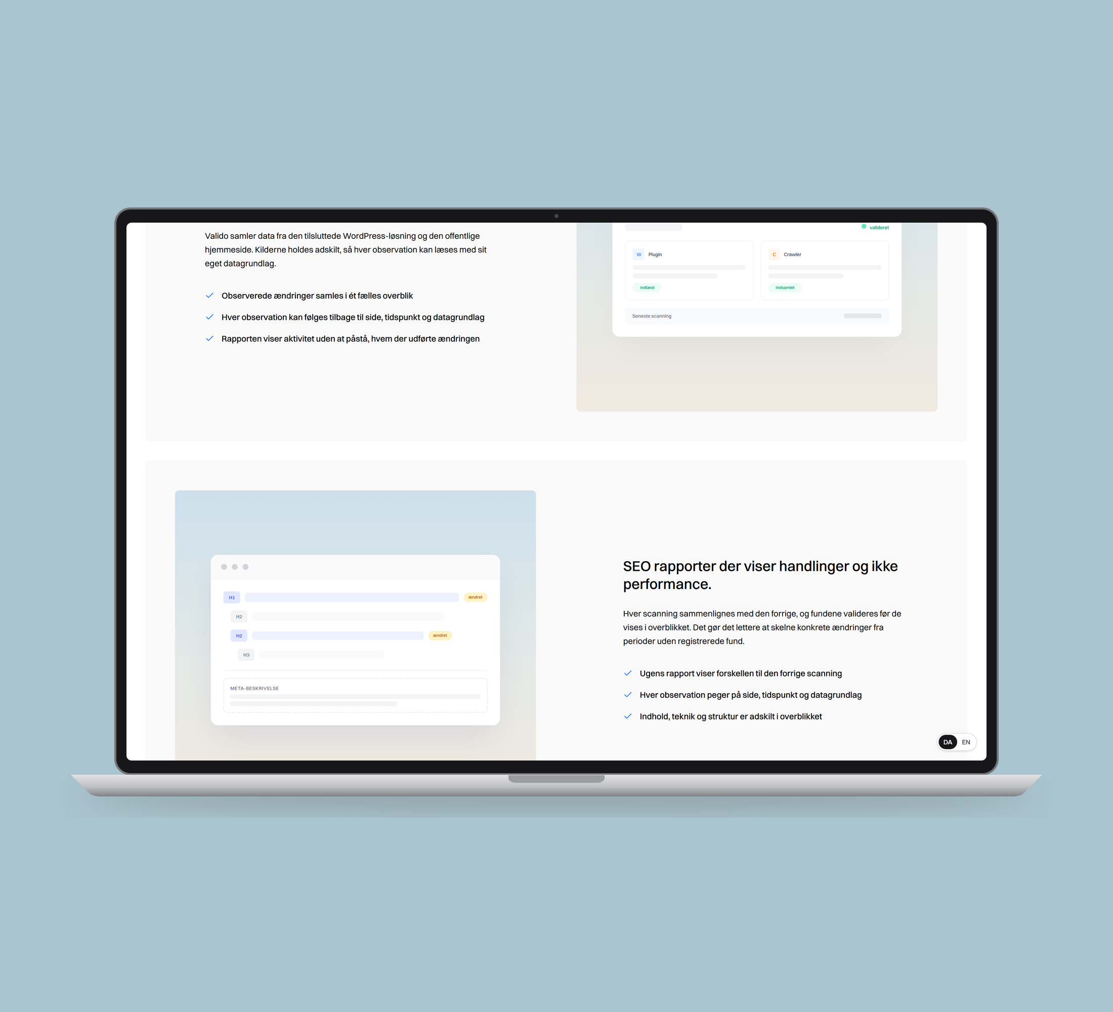 Valido: platformens funktioner vist lige forfra på laptop på en ensfarvet studiobaggrund.