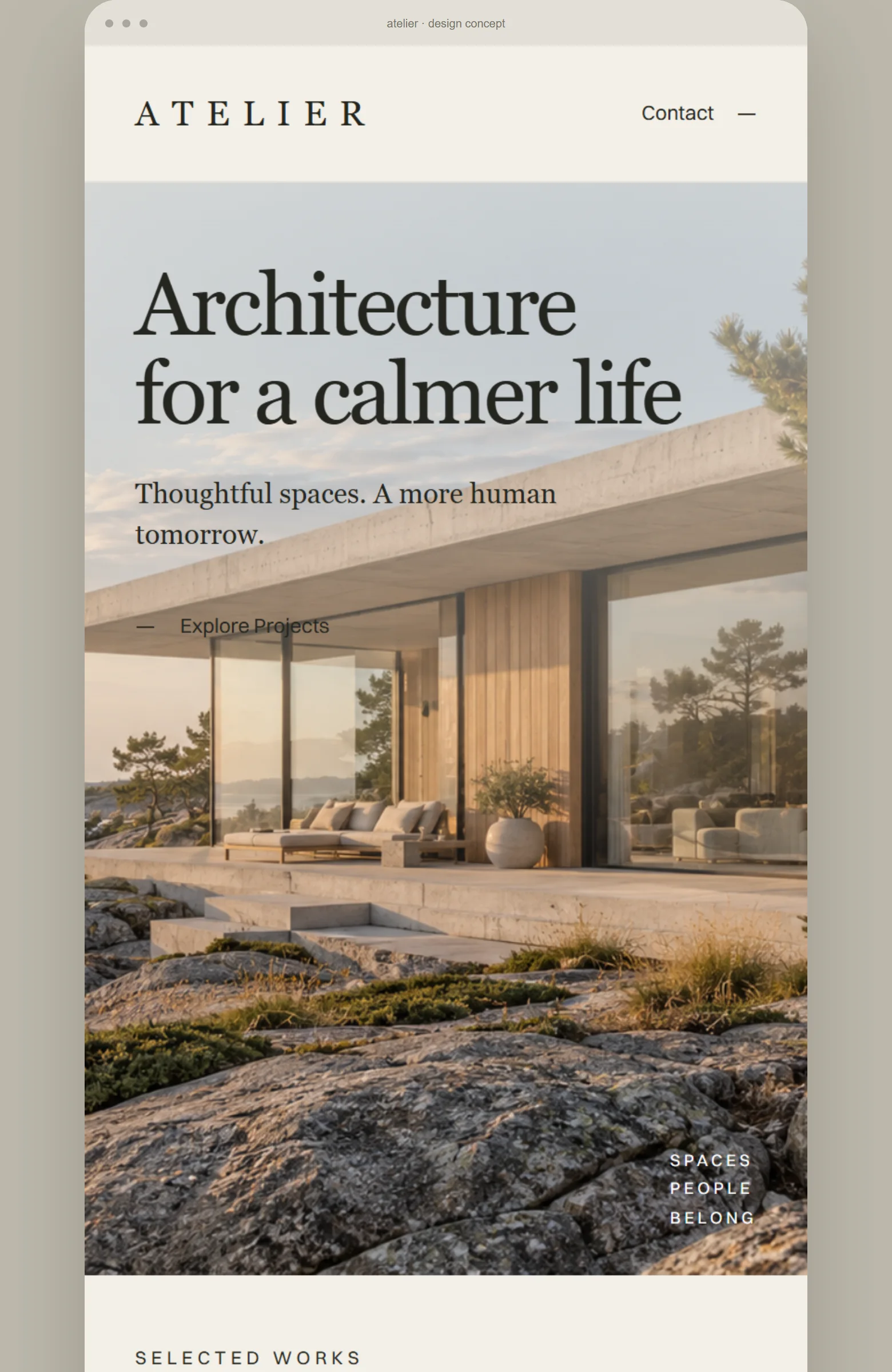 Ateliers mobile hjemmesidekoncept med kysthus og overskriften Architecture for a calmer life.