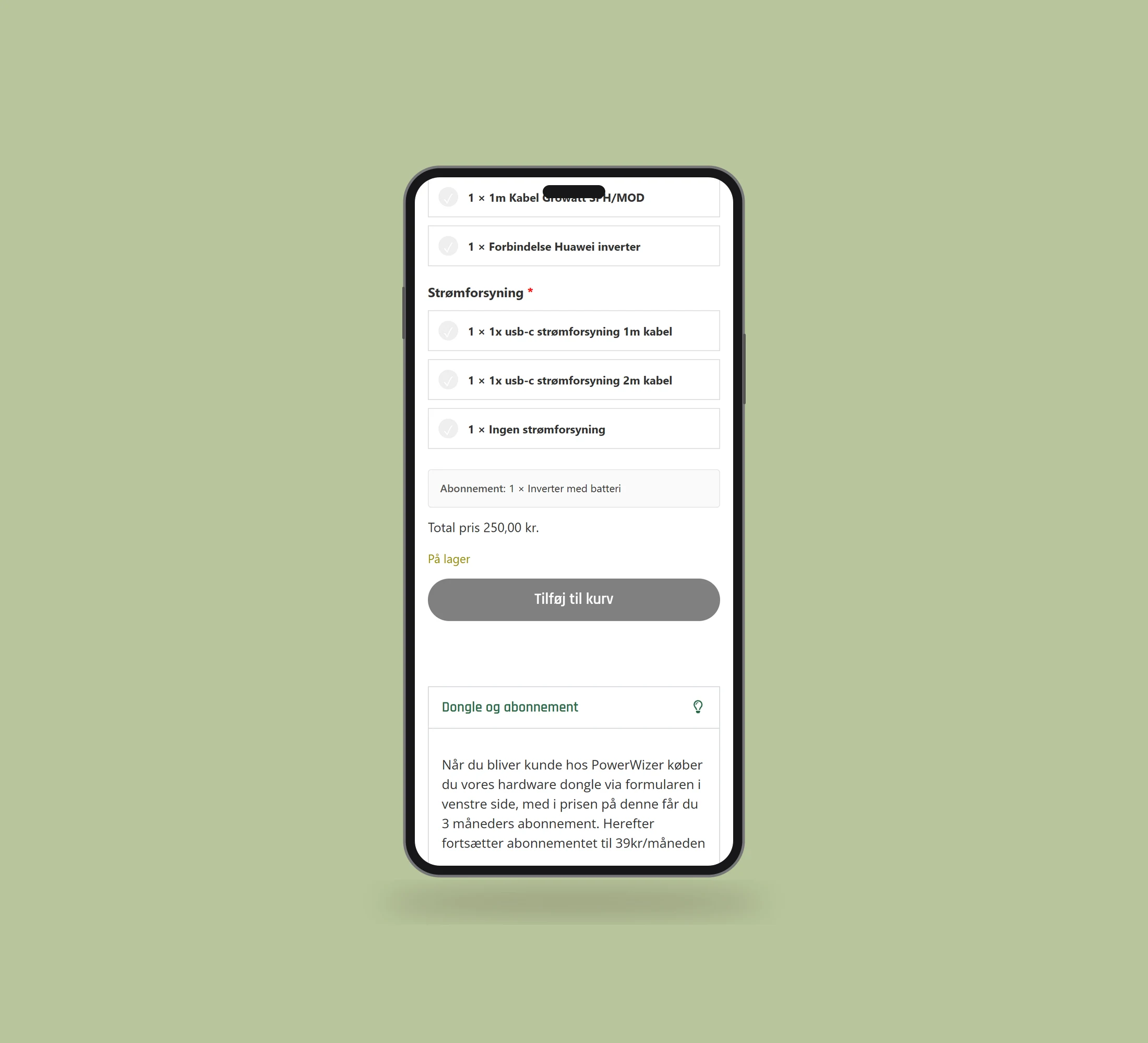 PowerWizer: produktinformation vist lige forfra på mobil på en ensfarvet studiobaggrund.