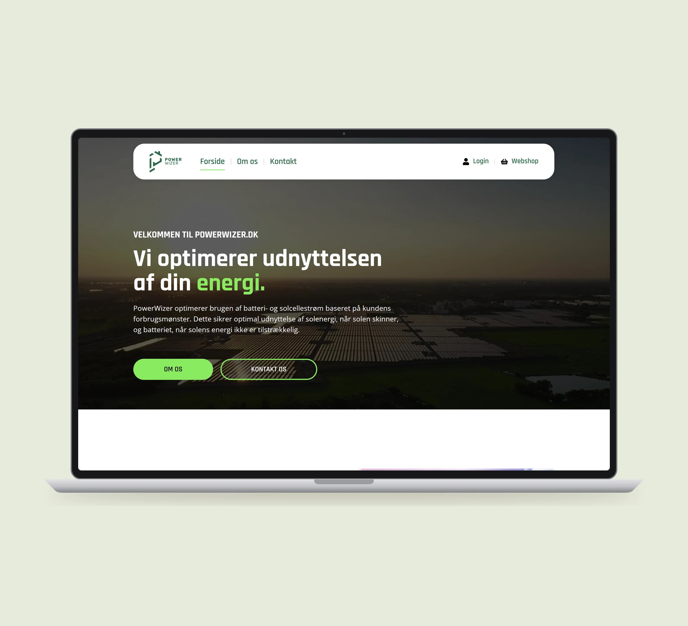 PowerWizer: forside vist lige forfra på laptop på en ensfarvet studiobaggrund.