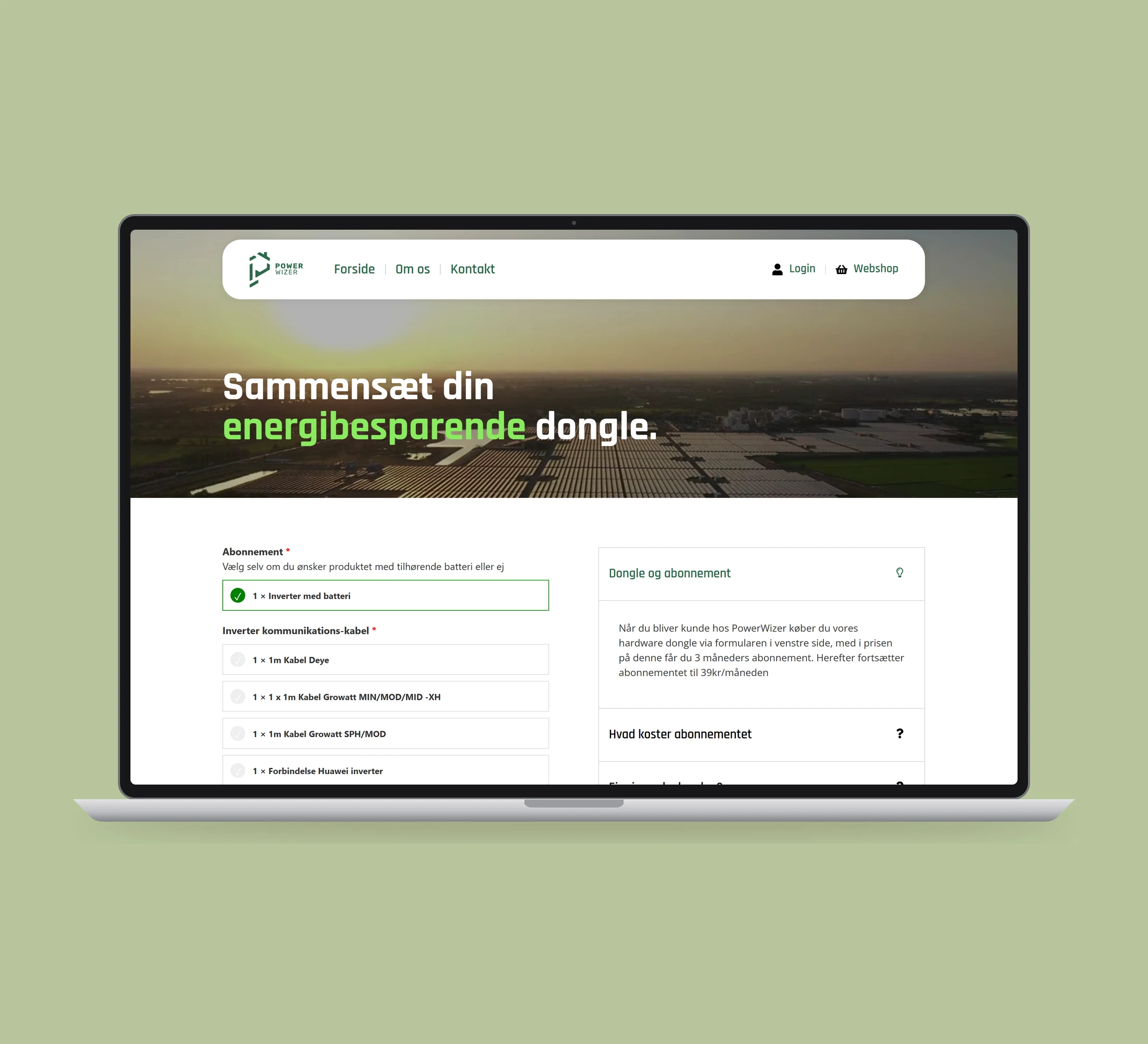 PowerWizer: dongle og produktvalg vist lige forfra på laptop på en ensfarvet studiobaggrund.