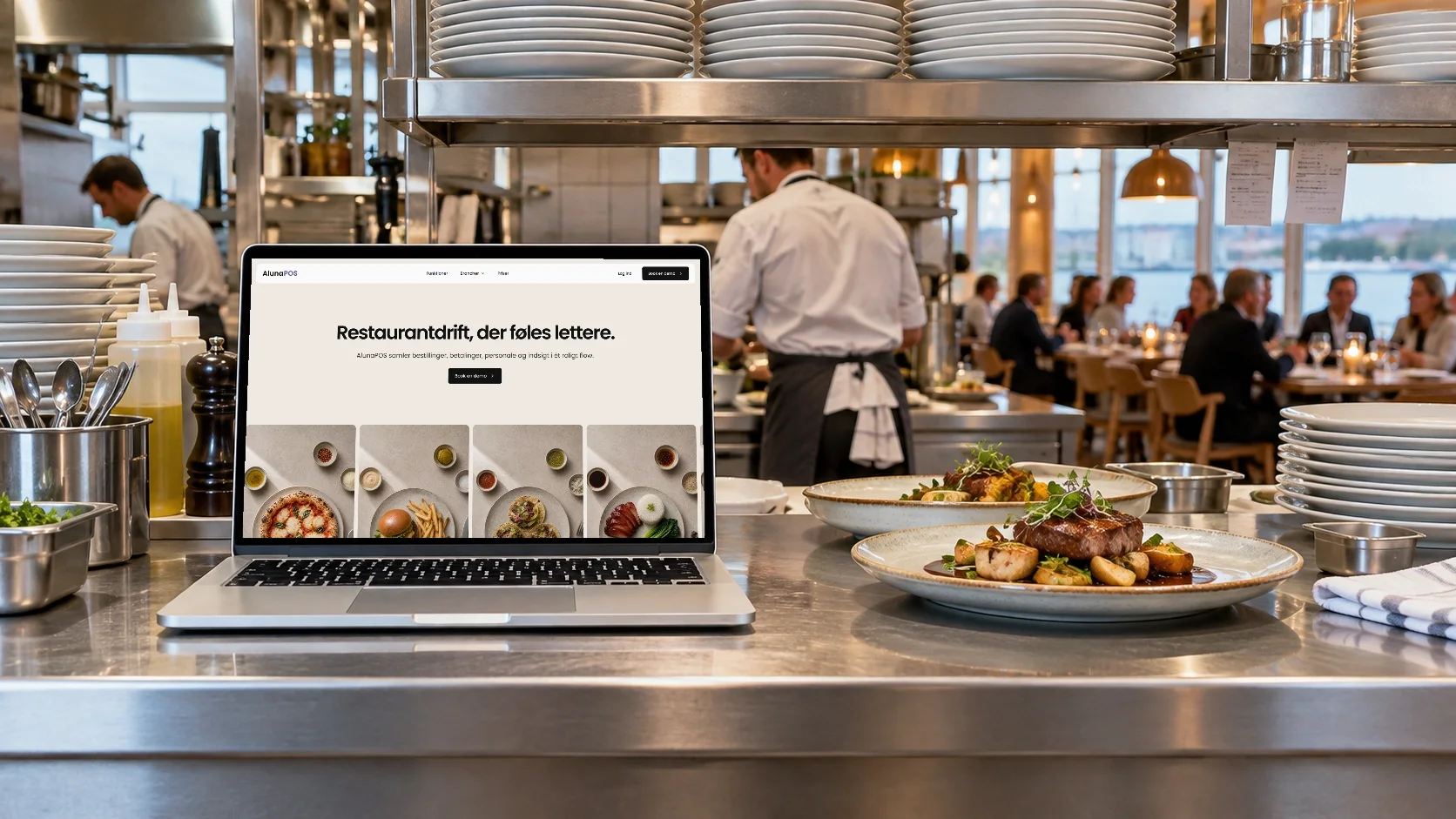 AlunaPOS: hjemmesiden på en fysisk laptop i et miljø tilpasset branchen.