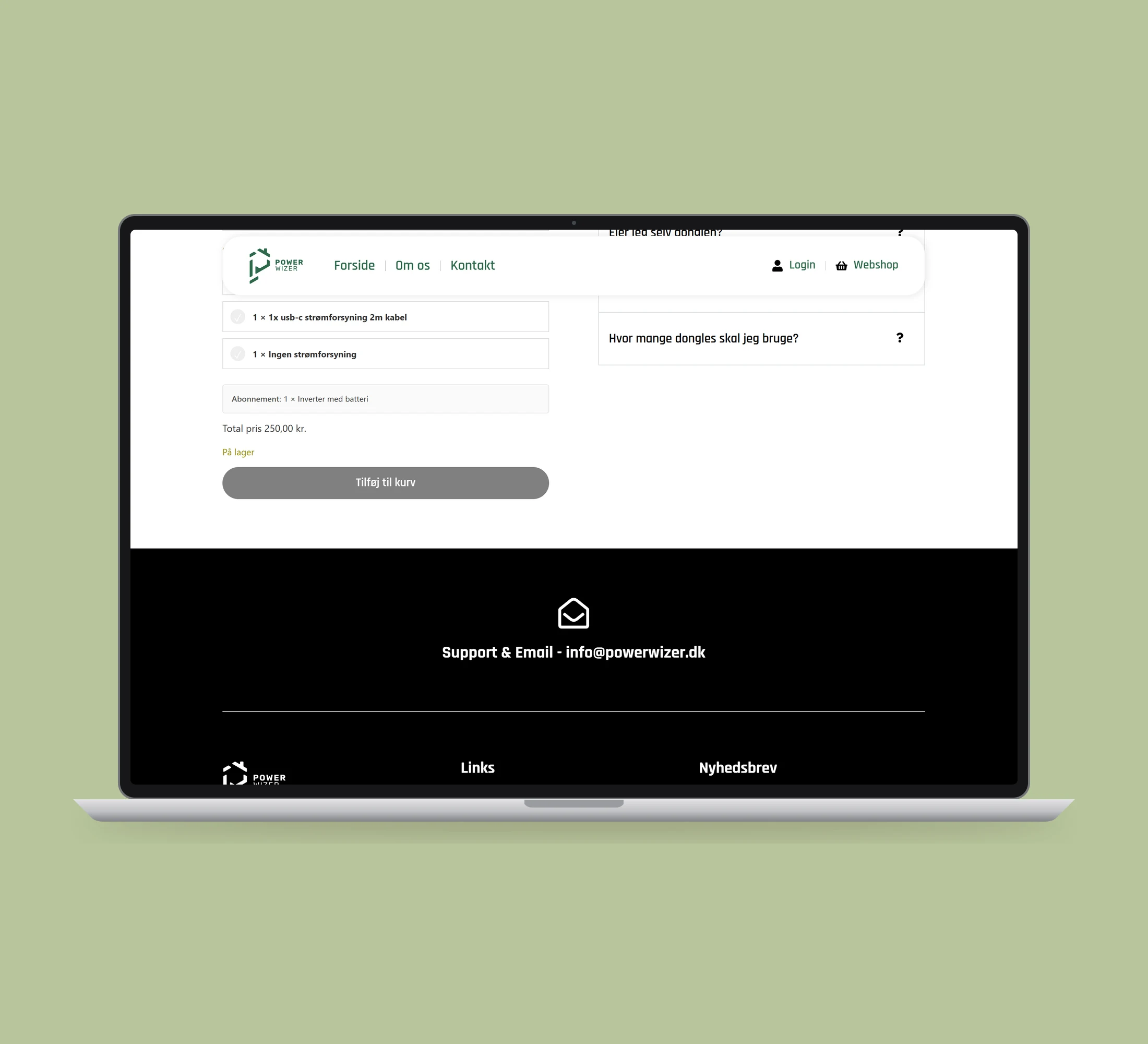 PowerWizer: produktinformation vist lige forfra på laptop på en ensfarvet studiobaggrund.