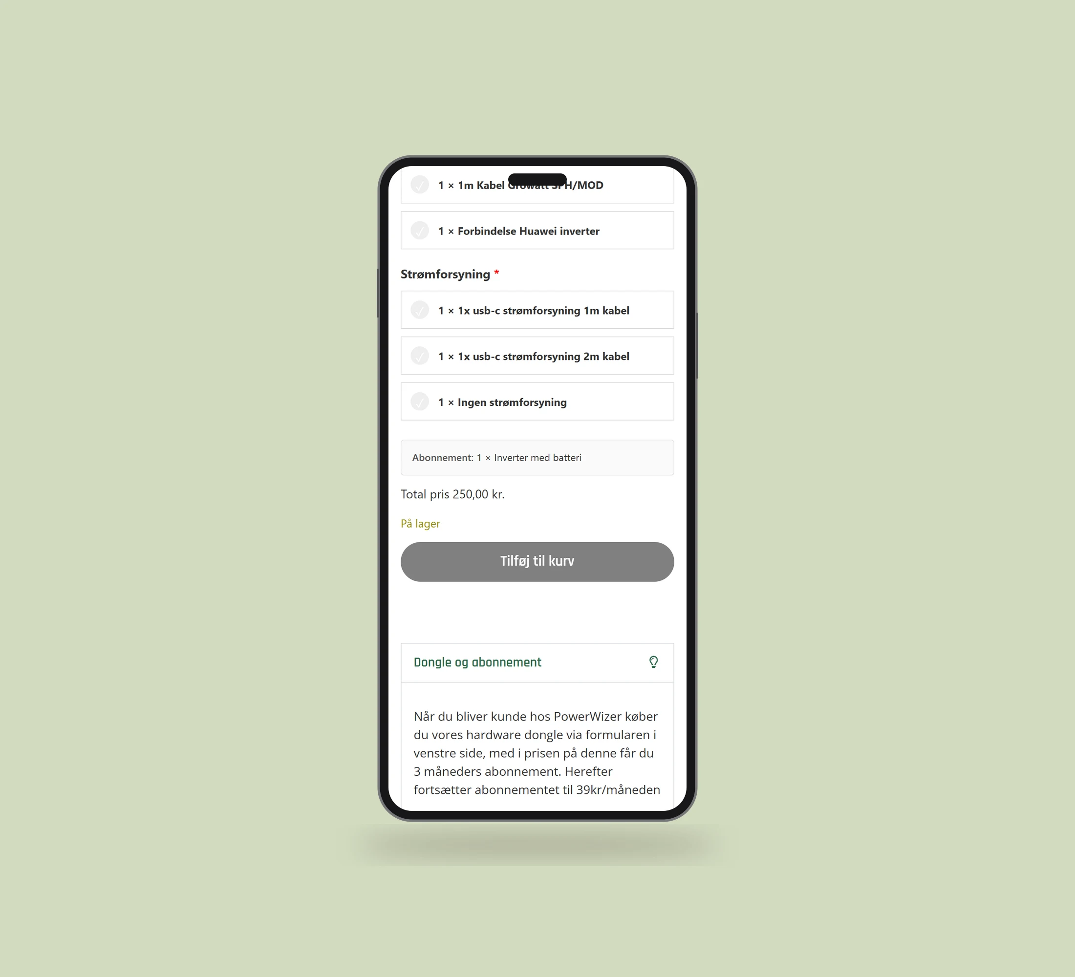 PowerWizer: produktinformation vist lige forfra på mobil på en ensfarvet studiobaggrund.