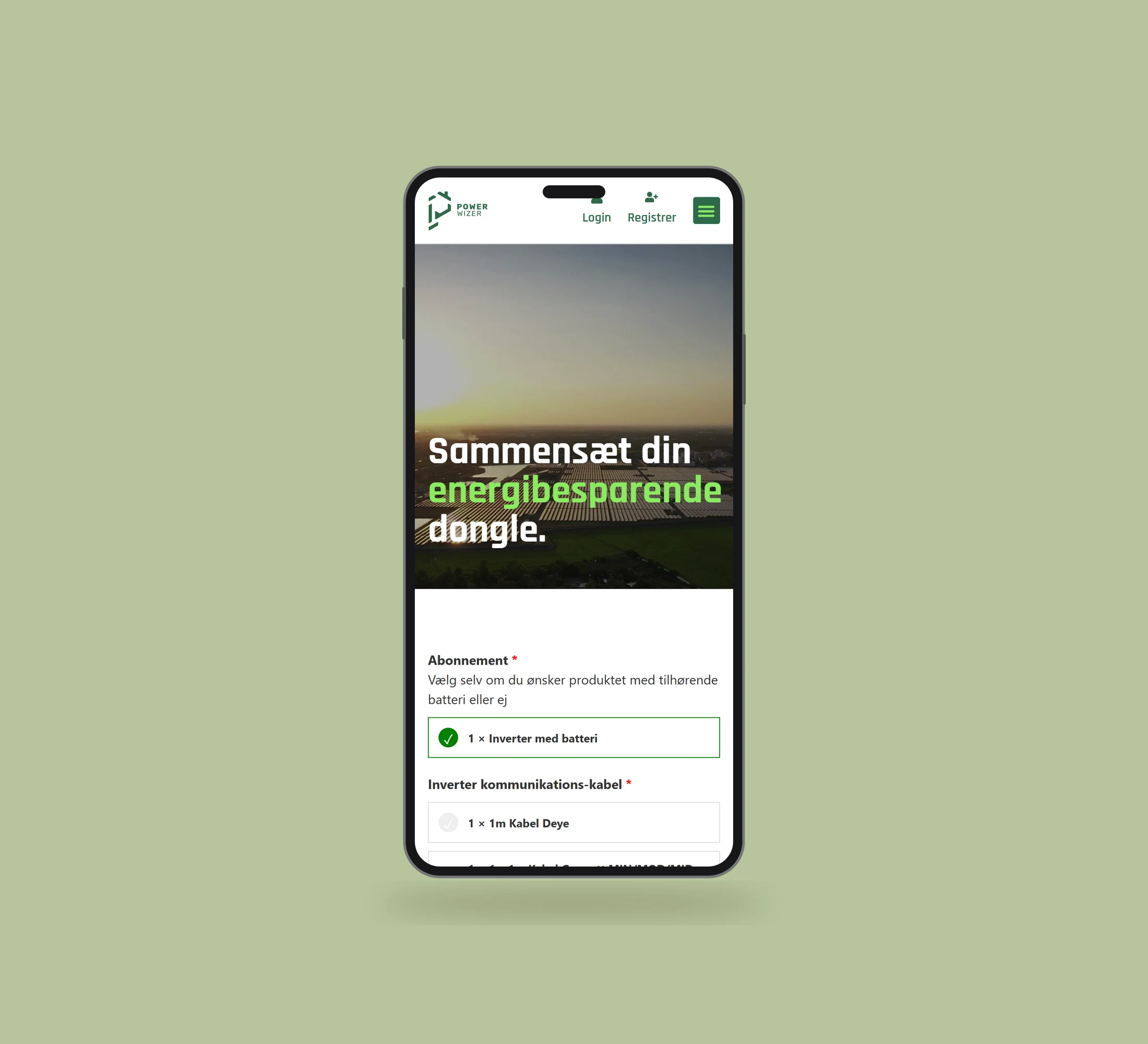 PowerWizer: dongle og produktvalg vist lige forfra på mobil på en ensfarvet studiobaggrund.