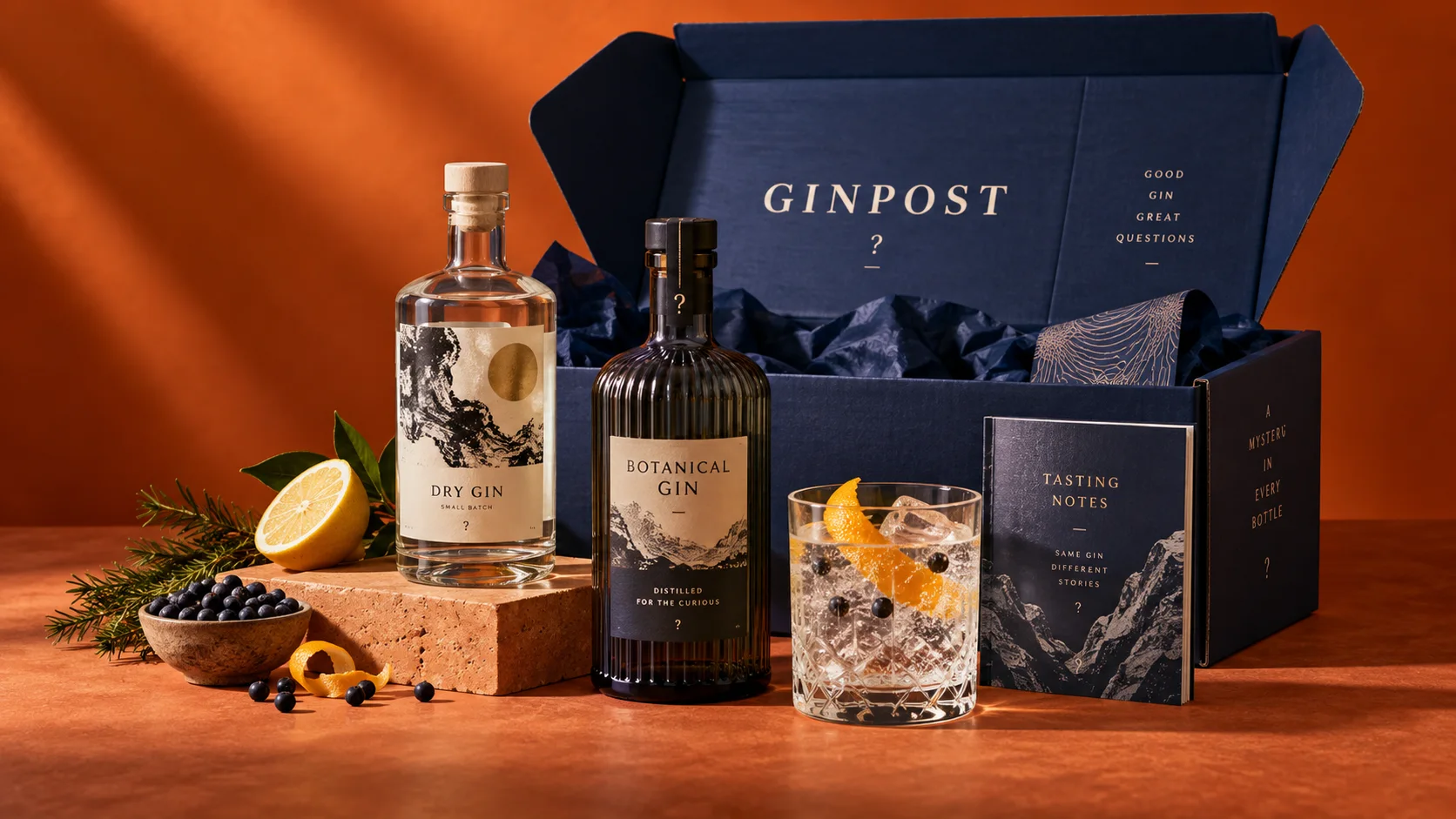 Ginpost: åben mystery gin-boks med ginflasker, smagehæfte og gin og tonic på en varm orange studiebaggrund.